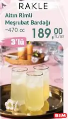 RAKLE ALTIN RİMLİ MEŞRUBAT BARDAĞI 470 CC 3'LÜ